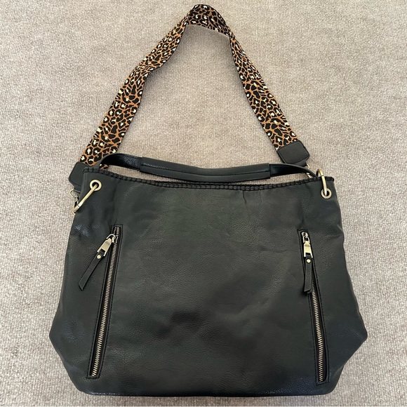Stylish Black Shoulder Bag with Leopard Guitar Strap - Picture 1 of 7